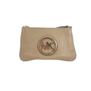 Michael Kors Fulton Tan Leather Wristlet Gold MK Logo Zip Clutch Wallet